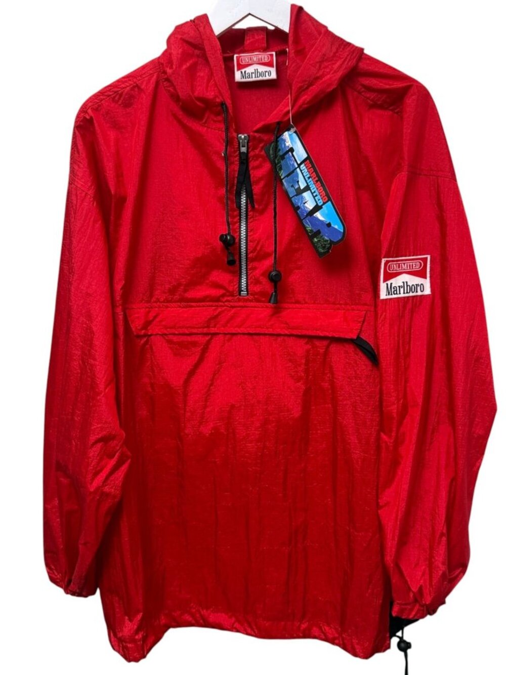 Vintage 90s Marlboro Unlimited Mens Small Red Windbreaker Pullover Jacket NWT
